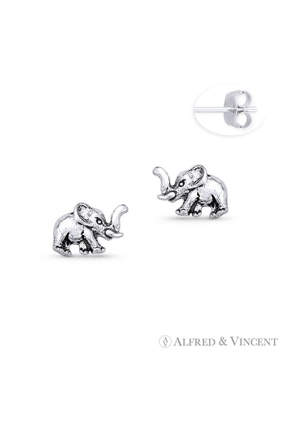 Elephant Animal Charm Stud Earrings in Oxidized .925 Sterling Silver