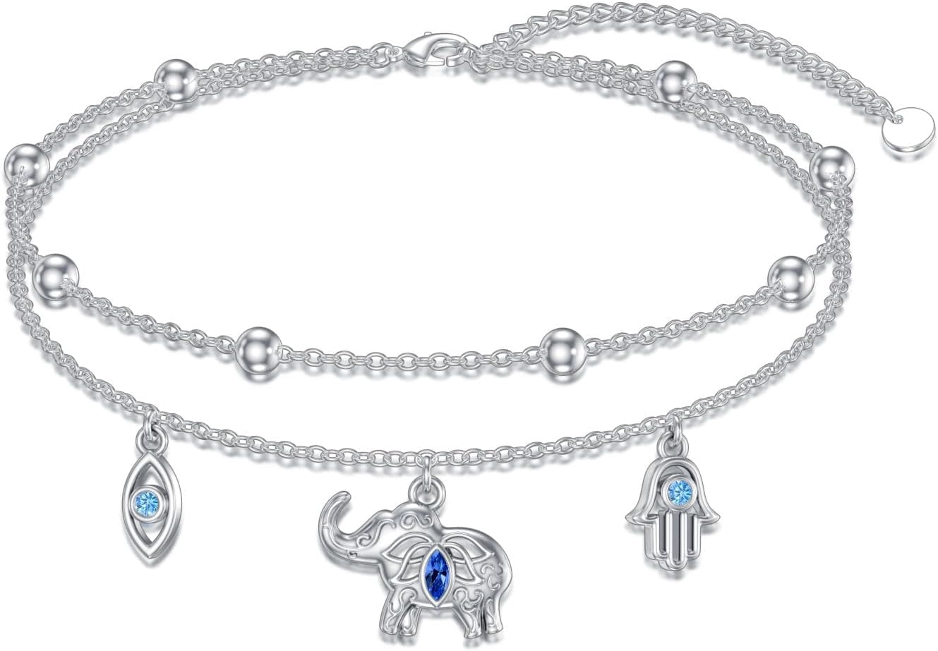 Elephant Anklet 925 Sterling Silver Elephants Ankle Bracelet Hamsa Hand Evil Eye Elephant Jewelry for Women