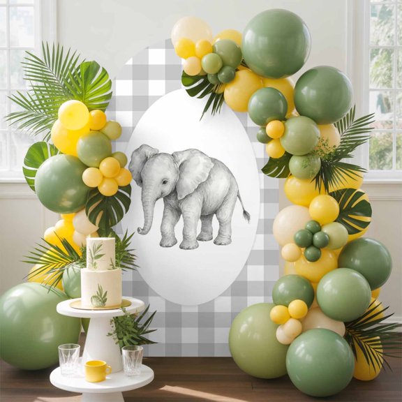 Elephant Arch Backdrop Cover, 4FT, Gray Plaid Modern Funny Animal Spandex Arch Covers Double-Sided Backdrop for Wedding Birthday Party Photo Background Decoration