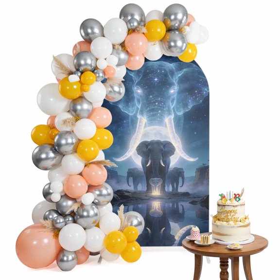Elephant Arch Backdrop Cover 4FT Watercolor Elephant Fantasy Moon Forest Tree Natural Scenery Spandex Fitted Arch Covers Stretchy Backdrop Decoration for Wedding Birthday Graduation Party