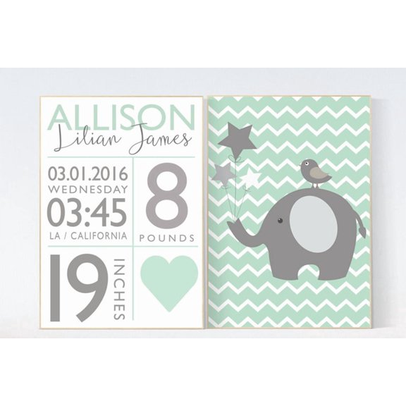Elephant Baby Birth Stats Wall Art, Mint Green, Nursery, Gallery Wall And Home Decor