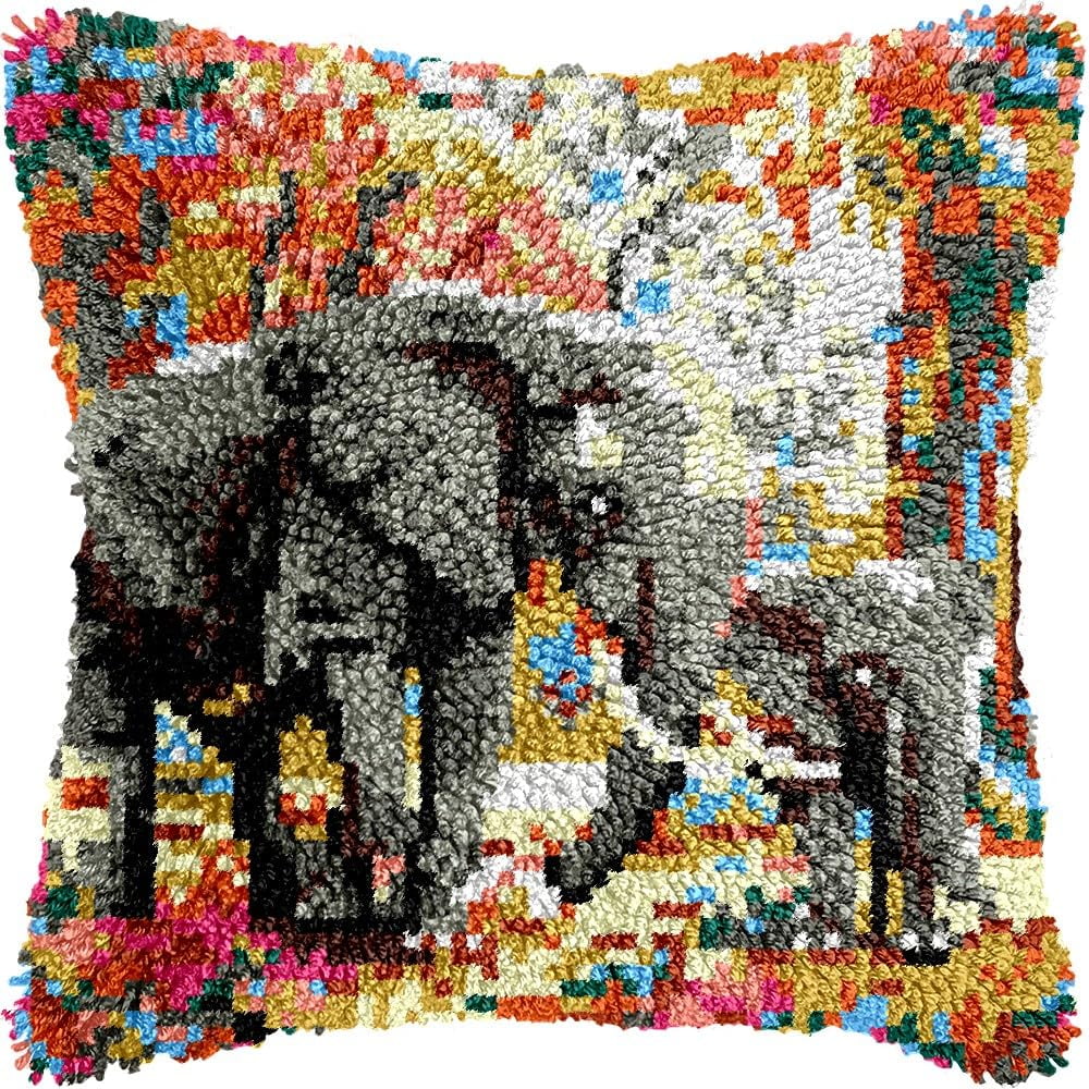 Elephants Latch Hook Pillow Kits for DIY Handmade Throw Pillow Cushion Embroidery Latch Hooking Pillowcase Kits with Preprinted Canvas Crochet Yarn Kits 17''X 17''(g208)