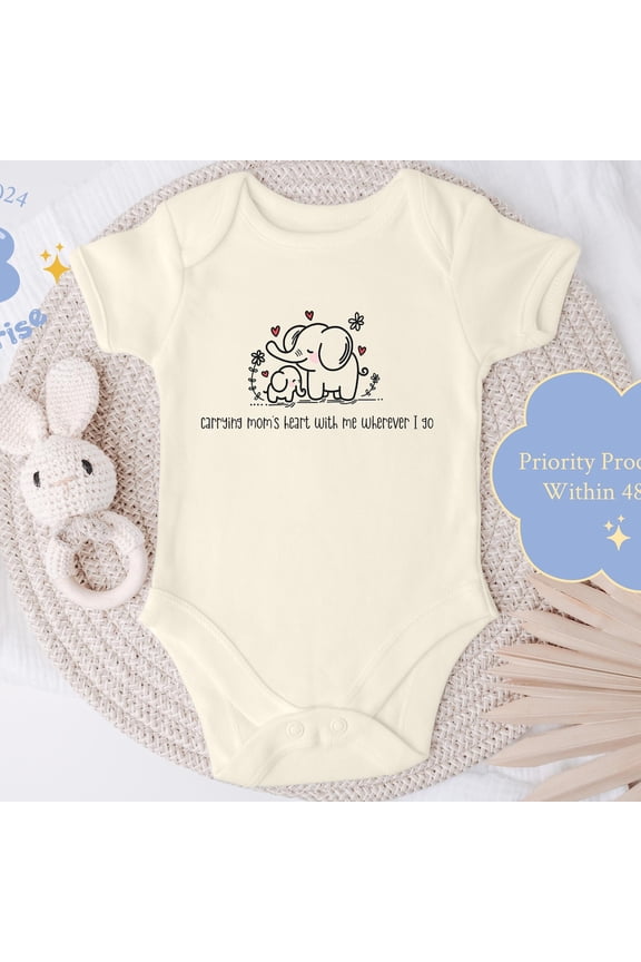 Elephant Baby Onesie 'Carrying Mom'S Heart' & Cute Mommy Gift, New Mom Baby Shower Outfit, Meaningful Keepsake Cute Baby Onesie, BABY BODYSUIT LAT 4424