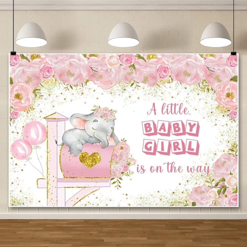 Round Its A Girl Pink Elephant Baby Shower Backdrop