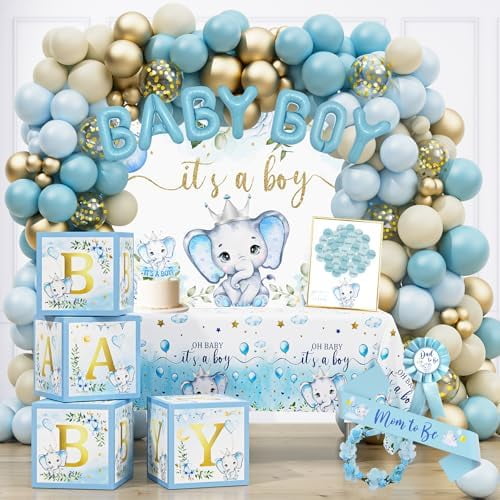 Elephant Baby Shower Decorations for Boy: Blue Elephant Baby Shower Supplies, Backdrop Tablecloth, Balloon Arch, BABY Box, Sash Home Decor