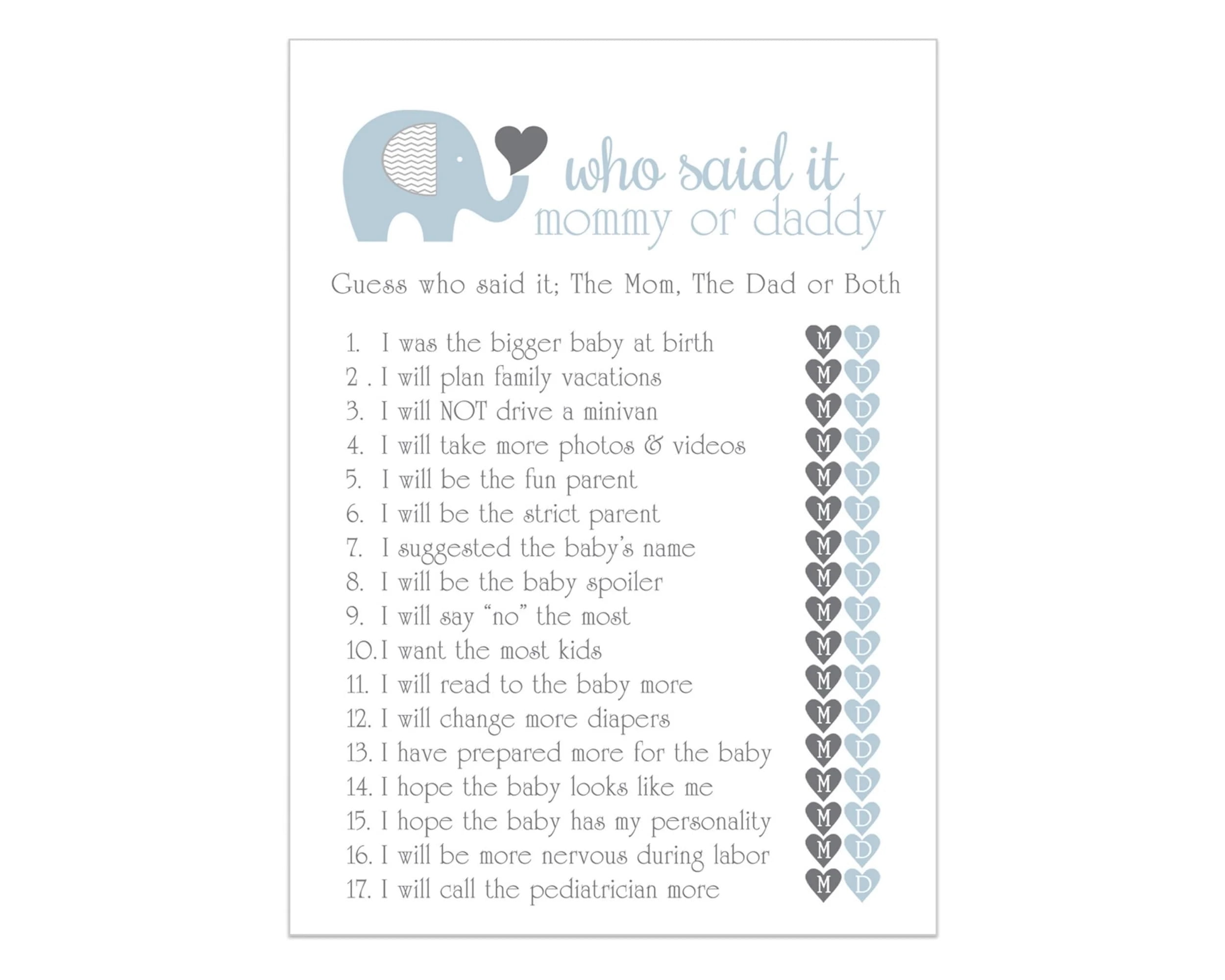 Elephant Baby Shower Game Cards, Guess Who, 25 Pack - Animal Theme,  Professionally Printed, 5x7 Size - Walmart.com