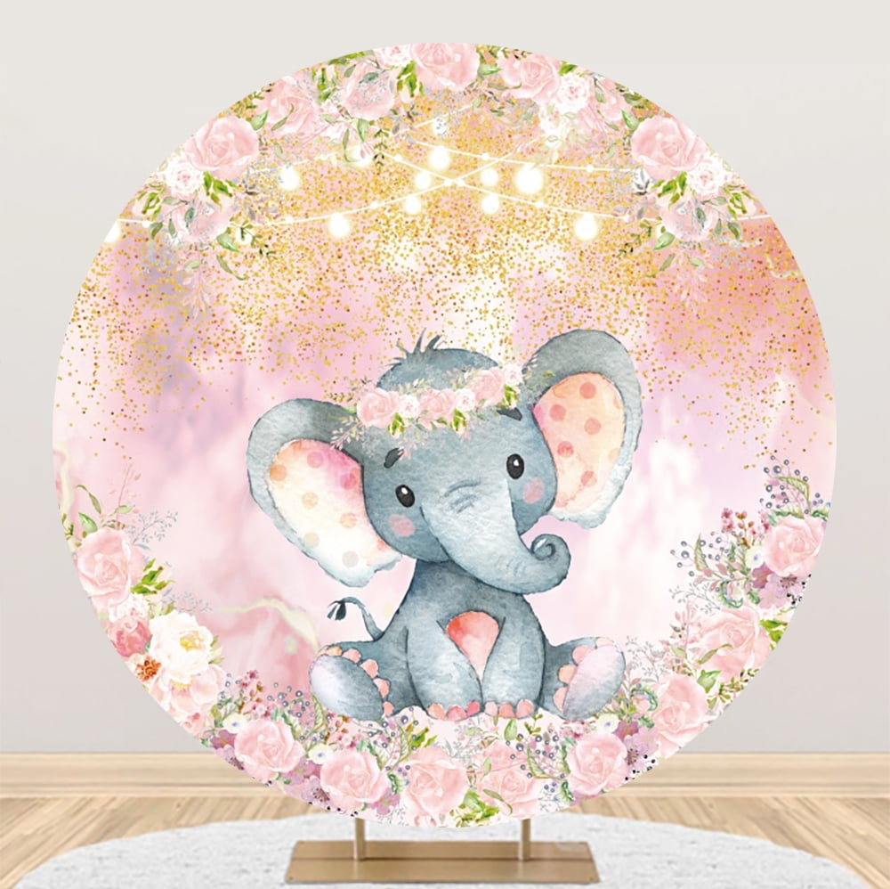 Elephant Baby Shower Round Backdrop Watercolor Flowers Plants Gender