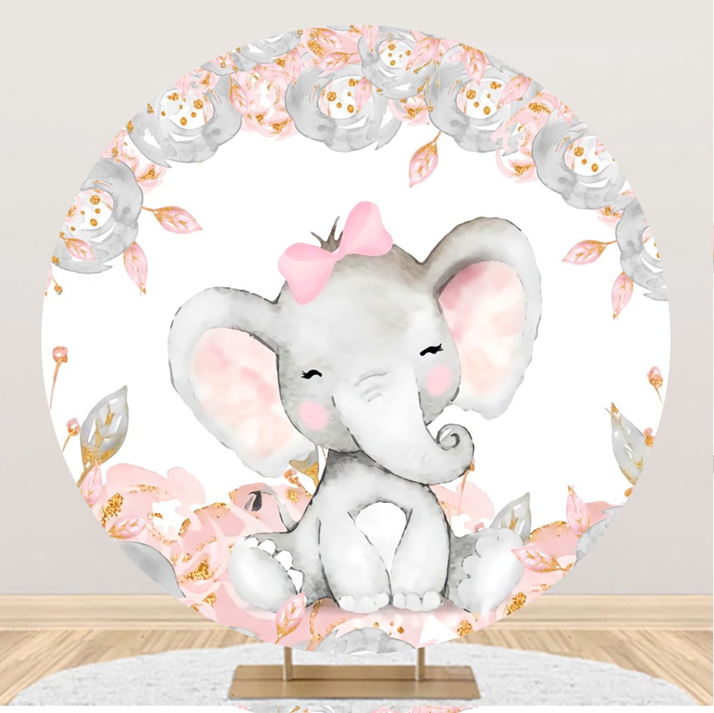 Elephant Baby Shower Round Backdrop Watercolor Flowers Plants Gender