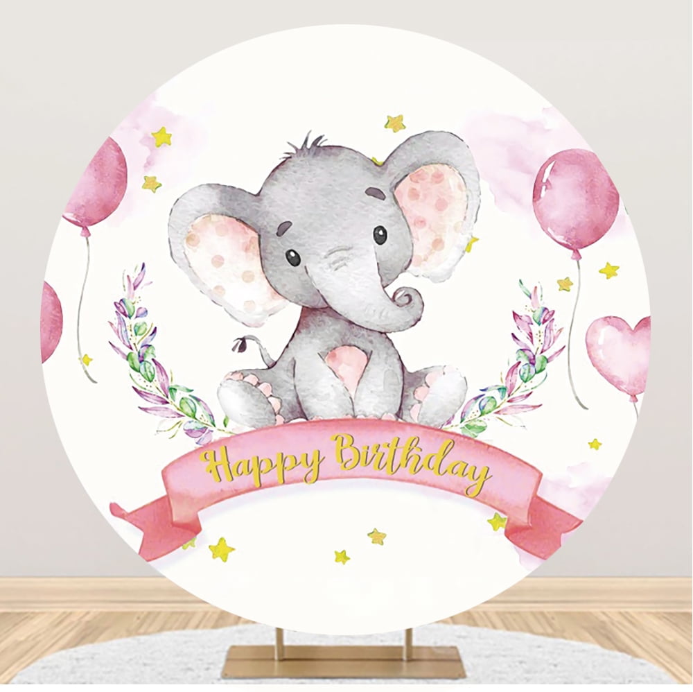 Elephant Baby Shower Round Backdrop Watercolor Flowers Plants Gender