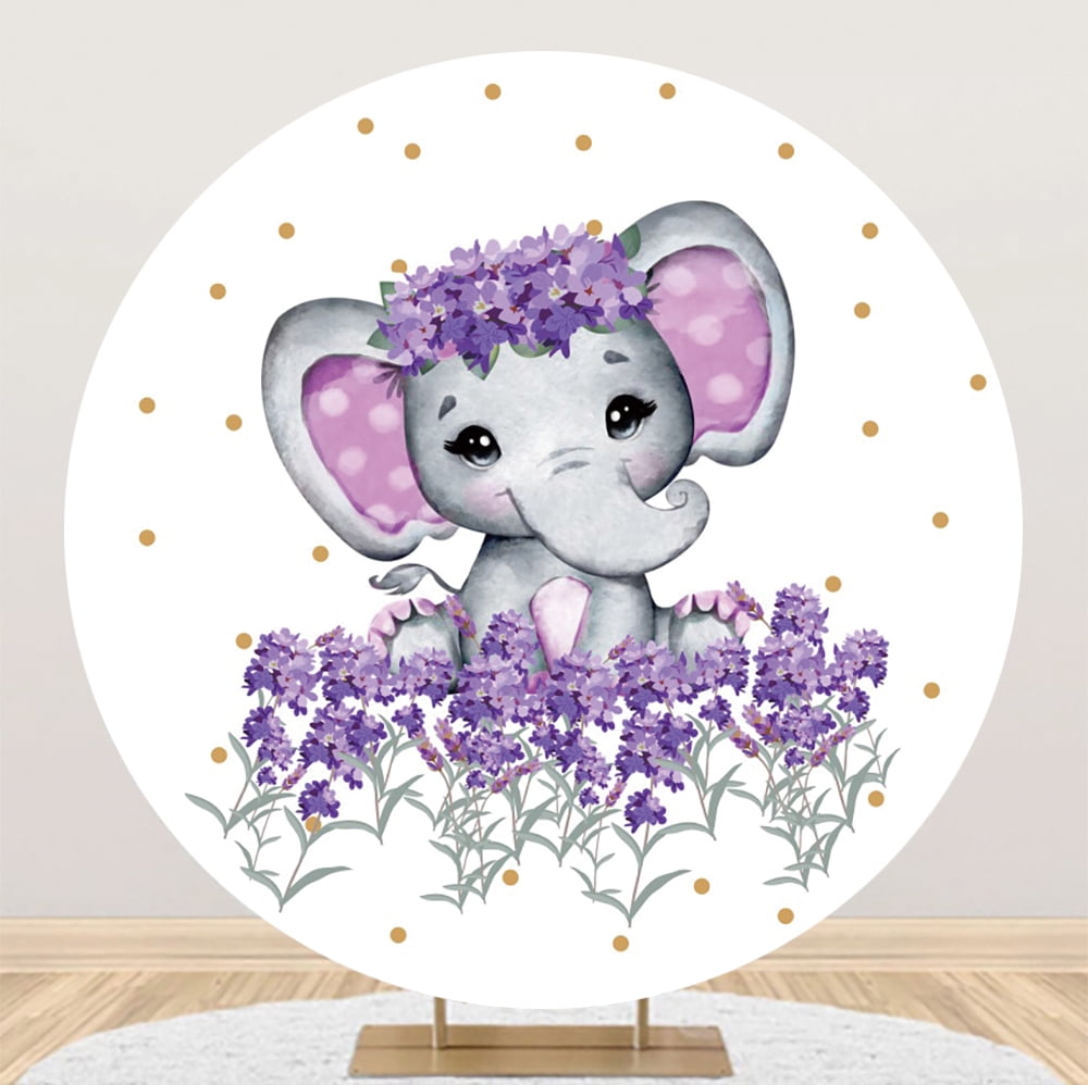 Elephant Baby Shower Round Backdrop Watercolor Flowers Plants Gender