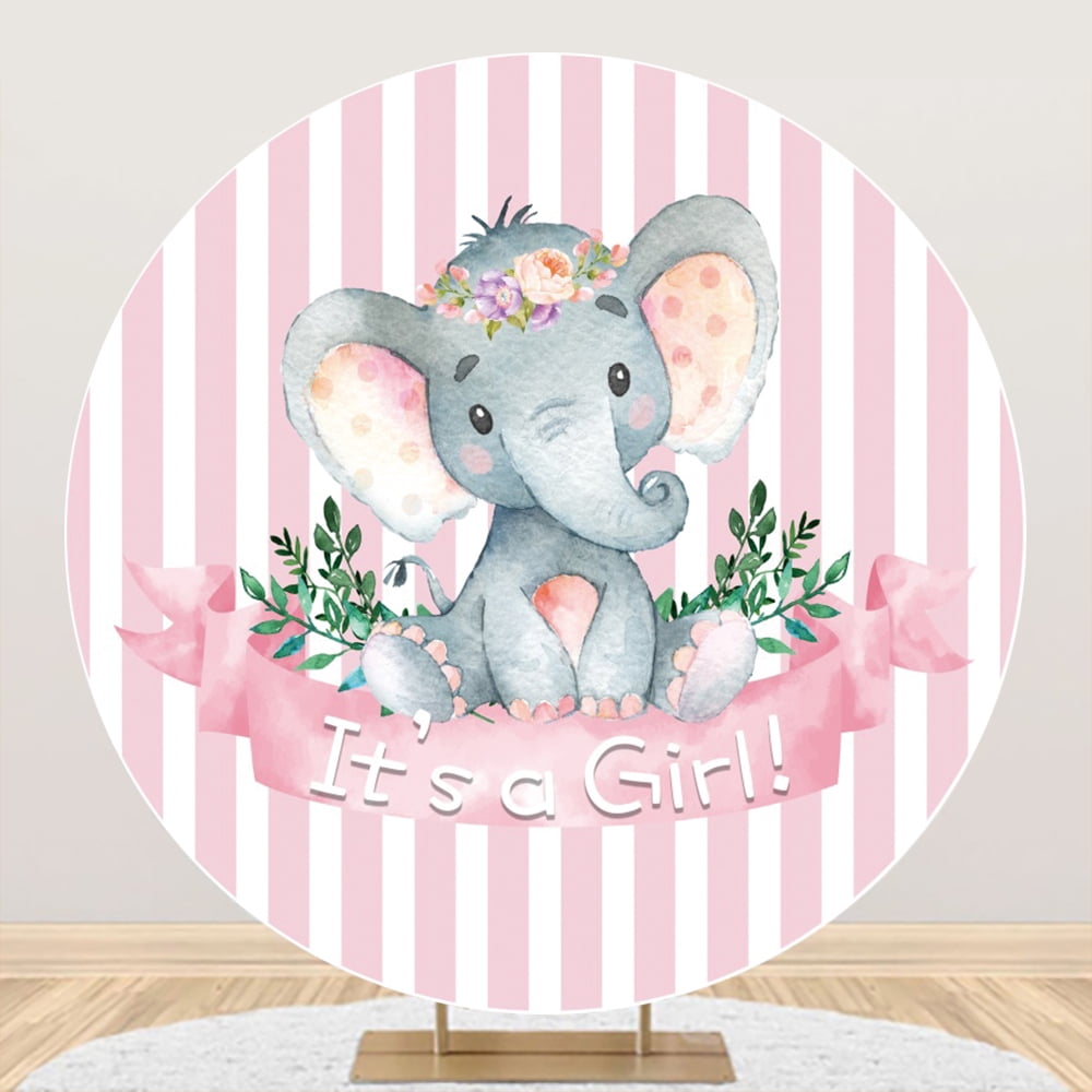 Elephant Baby Shower Round Backdrop Watercolor Flowers Plants Gender