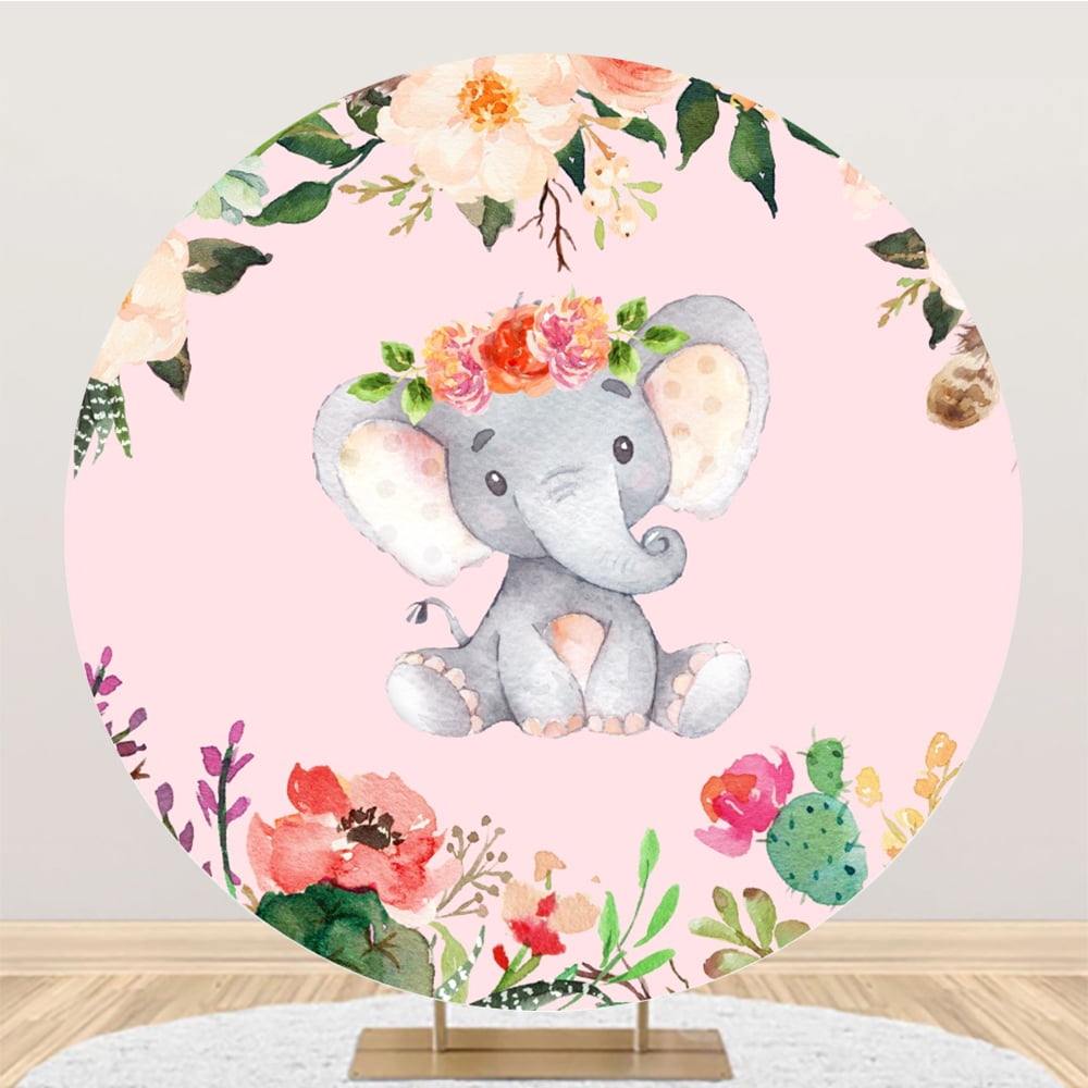 Elephant Baby Shower Round Backdrop Watercolor Flowers Plants Gender