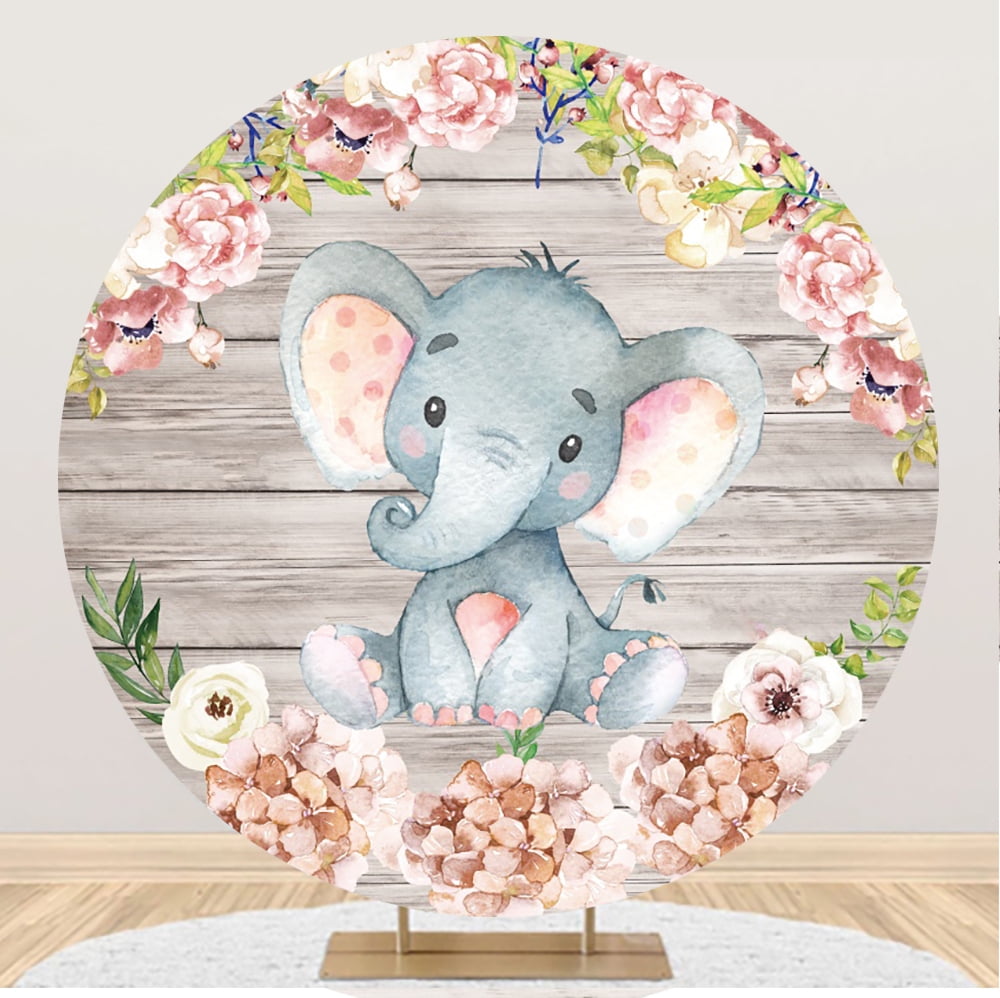 Elephant Baby Shower Round Backdrop Watercolor Flowers Plants Gender