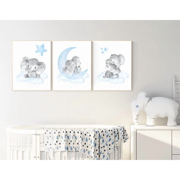 Elephant Baby Wall Art Prints, Cloud And Stars, Boys Room, Nursery And Gallery Wall Decor