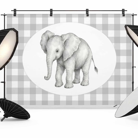 Elephant Backdrops for Photography, Gray Plaid Modern Funny Animal Pattern Fabric Photo Background Sturdy Studio Props for Photo Studio, Video Recording, Booth & Photoshoot 10x8ft