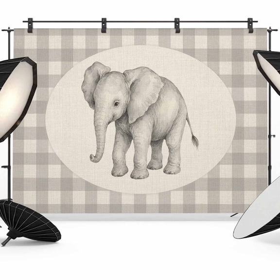 Elephant Backdrops for Photography, Gray Plaid Modern Funny Animal Pattern Rustic Fabric Photo Background Sturdy Studio Props for Photo Studio, Video Recording, Booth & Photoshoot 7x5ft