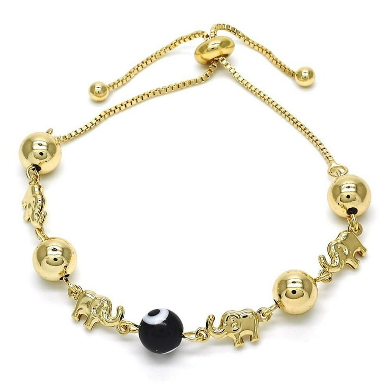 Elephant Ball Black Color Evil Eye Adjustable Bracelet 14K Gold