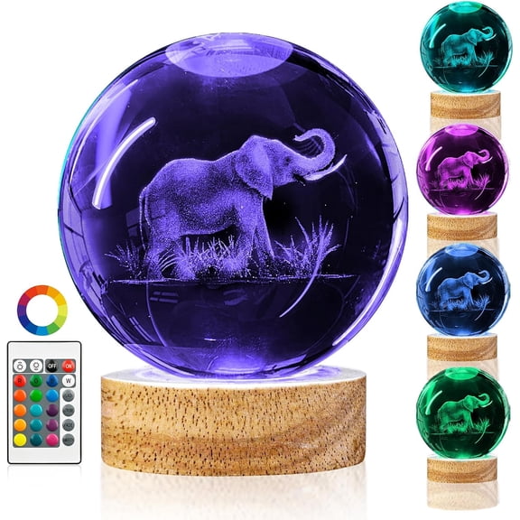 Elephant Ball Night Light Elephant Gifts for Women 3.15 in Figurine Glass Ball Lamp with 16 Color, Room Decor Birthday Christmas Gifts for Boy Girl (Upgraded)