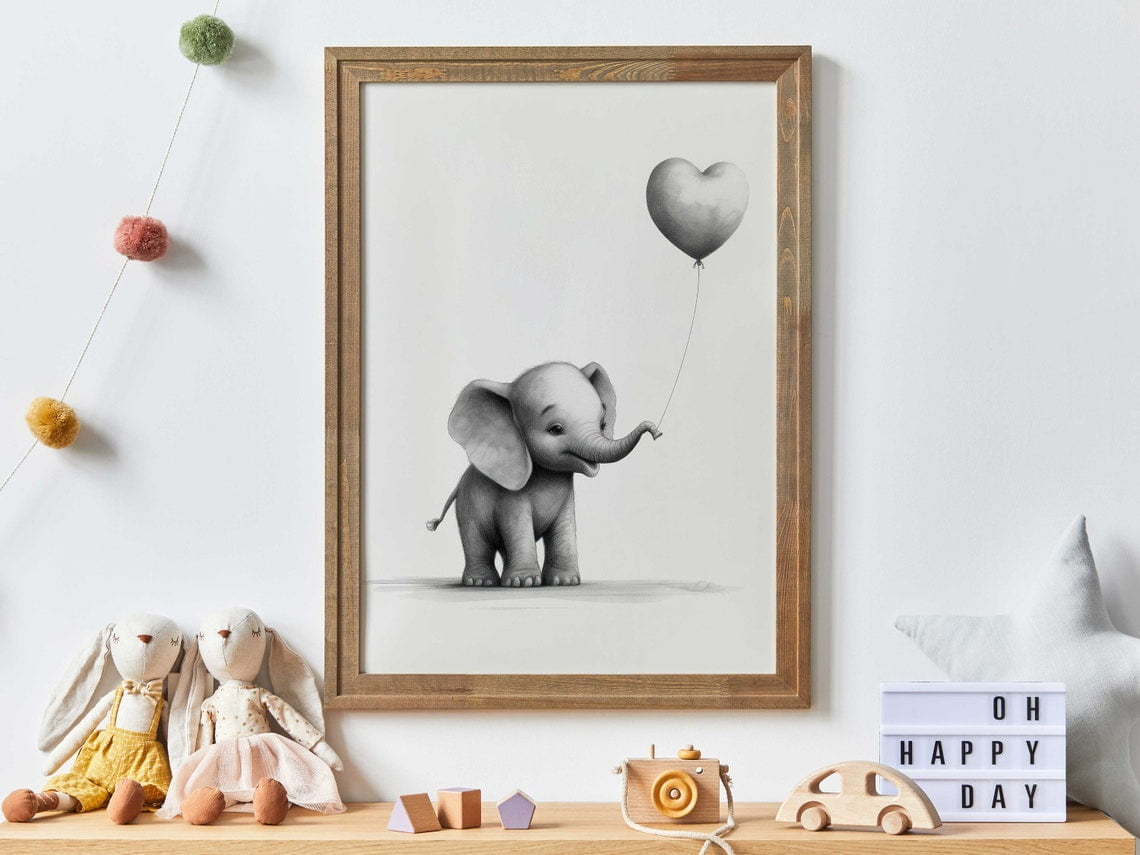 Elephant With Balloon, Safari Animal Art, Baby Elephant Print ...