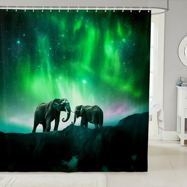 Elephant Bath Curtain Green Aurora Decor Shower Curtain 3D Animal Bathroom Decor Starry Sky Decor Waterproof Curtain Western Rustic Farmstyle Shower Curtain,72" W x 72" L