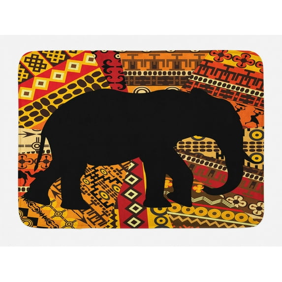 Elephant Bath Mat, Animal Theme Design Elephant Silhouette on Ethnic Textures Pattern Print, Non-Slip Plush Mat Bathroom Kitchen Laundry Room Decor, 29.5 X 17.5 Inches, Brown and Black, Ambesonne
