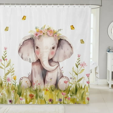 Elephant Bathroom Curtain Cartoon Animal Flowers Shower Curtain Cute Wildlife Butterfly Bath Curtain Watercolor Floral Plant Curtain Sets 72"Wx72"L