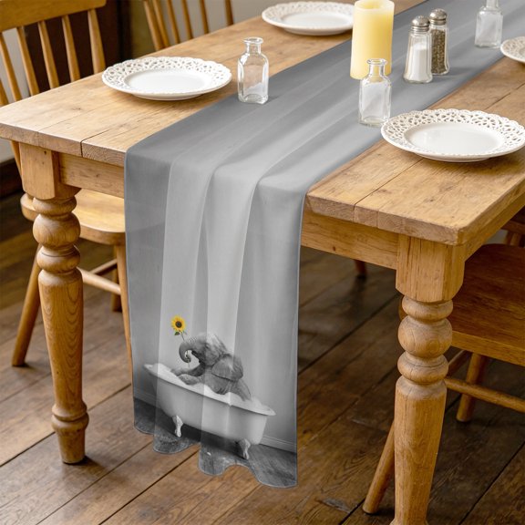 Elephant Bathtub 4.5ft Cheesecloth Table Runner for Dining 19"x55", Vintage Black White Elephant Bathing Yellow Sunflower Kitchen Dinner Sheer Tulle Chiffon Dresser Scarf, Holiday Party Decorations