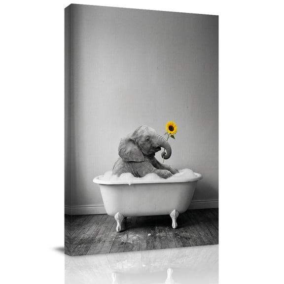 Elephant Bathtub Canvas Wall Art for Living Room, Vintage Black White Elephant Bathing Yellow Sunflower Wall Decor Framed Artwork Pictures Ready to Hang for Bedroom Office Home Decor