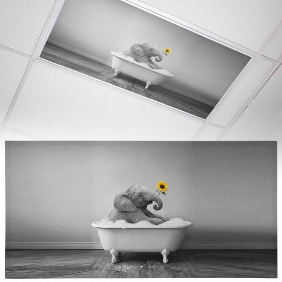 Elephant Bathtub Fluorescent Light Covers Vintage Black White Elephant Bathing Yellow Sunflower Magnetic Light Filters Ceiling Lighting Panel Shade for Classroom Office Home 2 x 4 ft, 1 Pack