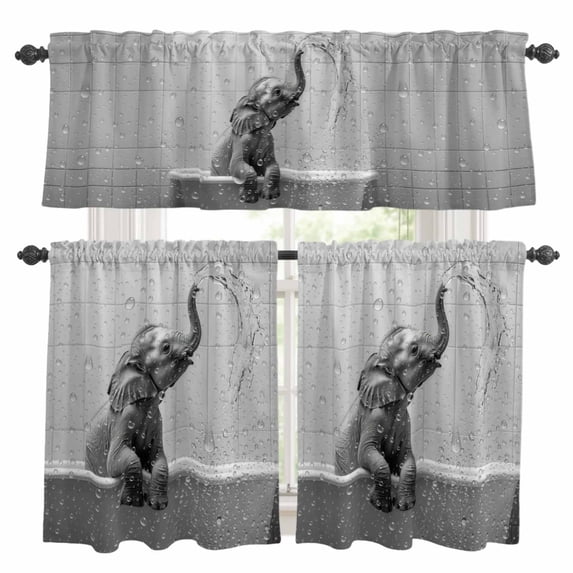 Elephant Bathtub Kitchen Curtains Valances and Tiers Set of 3 Bathroom Water Drops Gray Abstract Tier Curtains and Valance with Rod Pocket for Small Windows, 27.5"x24"