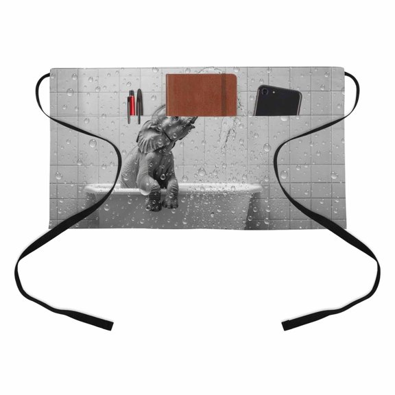 Elephant Bathtub Kitchen Restaurant Half Waist Apron, Bathroom Water Drops Gray Abstract Server Short Apron with 3 Pockets Waterproof Oil Waist Aprons for Women Waitress Waiter