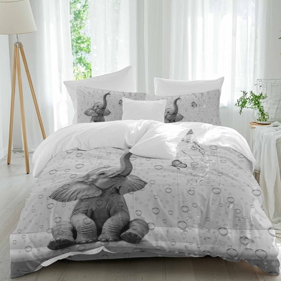 Elephant Bathtub Queen Duvet Cover Set, Animal Water Drops Gray Abstract 4 Piece Microfiber Bedding Set with Zipper Closure, Bed Sheet and 2 Pillow Shams, Soft Bedding Cover