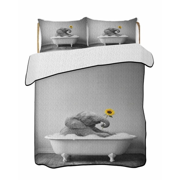 Elephant Bathtub Quilts Bedding Set Twin Size Vintage Black White Elephant Bathing Yellow Sunflower Lightweight Quilted Bedspread 3 Piece Bed Quilt with 2 Pillow Shams for Bedroom 68" x 86"