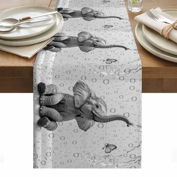 Elephant Bathtub Table Runner 13 x 36 Inch, Animal Water Drops Gray Abstract Washable Cotton Linen Dining Table Runner Tabletop Decorations for Restaurant Home Kitchen Party