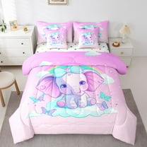 Elephant Bed in a Bag 7 Piece Twin Size Cute Animal Elephant Bedding Sets Kawaii Cartoon Elephant Comforter Set with Sheets Purple Gradient Bed Set Lovely Rainbow Decor Sheets