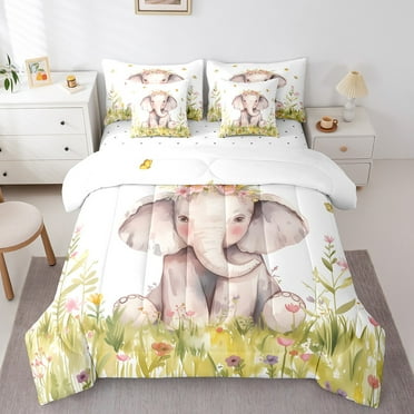 Elephant Bed In A Bag With Sheets Cartoon Animal Flowers Twin Comforter Set 7 Piece Cute Wildlife Butterfly Bedding Set Watercolor Floral Plant Bed Set
