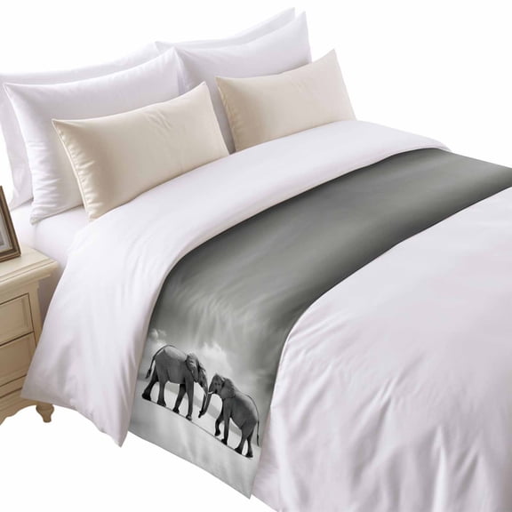 Elephant Bed Runner for Queen Size Bed, Gray Gradient Cloud Sky Animal Soft Bedding Scarf Bedding Protector Slipcover Sofa Throw for Bedroom Hotel Guesthouse