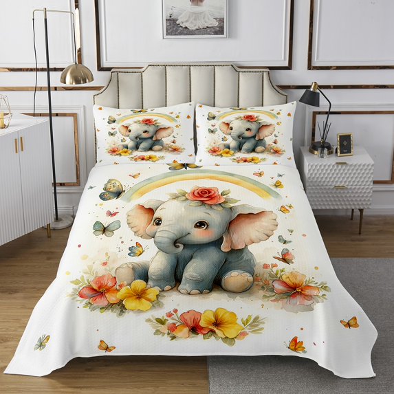 Elephant Bedspread Set Twin,Groovy Flower Floral Botanical Bedding Set,Tropical Wildlife Safari Animals Coverlet Set,Rainbow Butterfly Bed Set with 1 Pillow Case