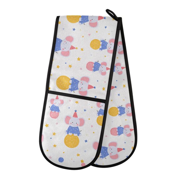 Elephant Birthday Pattern Double Oven Mitt 200C Quilted Cotton Lined Kitchen Pot Holder 35x7in