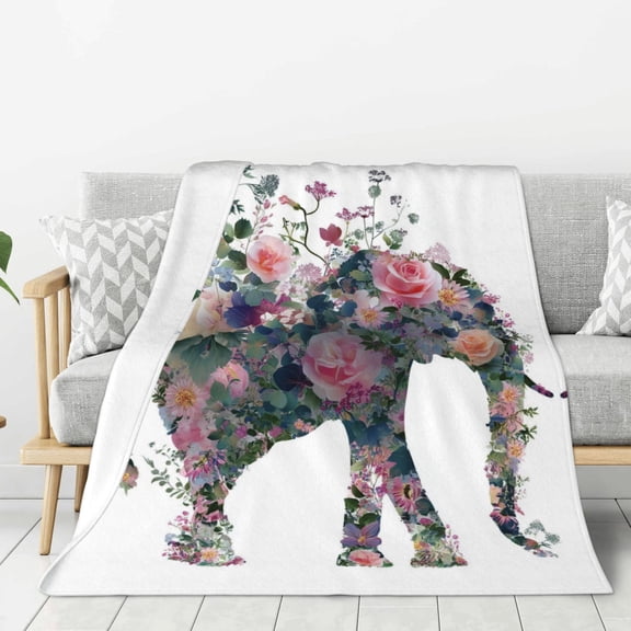 Elephant Blanket Artistic Floral Silhouette Design, Warm Soft Flannel Throw For Living Room, Unique Wildlife Decor 50x40