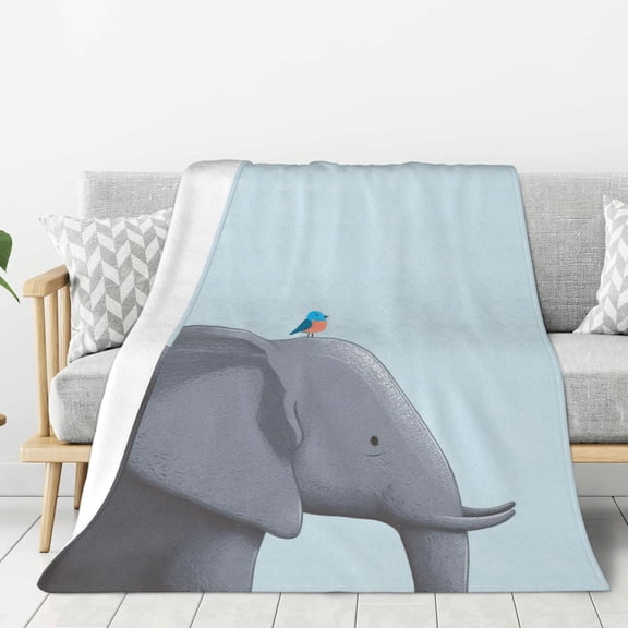 Elephant Blanket Blue Bird Clouds Stippled, Soft Cozy Flannel Throw For Couch And Sofa, Whimsical Animal Nature Decor 50x40