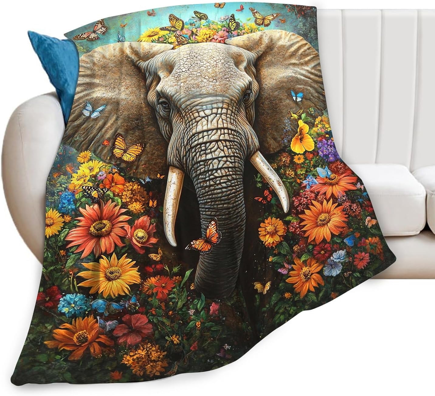 Elephant Blanket Gifts for Girls Boys Soft Warm Plush Elephant Flower Butterfly Throw Blanket Flannel Fleece Fuzzy Elephant Blanket for Kids Lover Bed Couch Living Room Decor 80"X60"