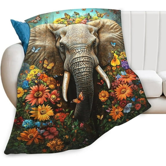 Elephant Blanket Gifts for Girls Boys Soft Warm Plush Elephant Flower Butterfly Throw Blanket Flannel Fleece Fuzzy Elephant Blanket for Kids Lover Bed Couch Living Room Decor 60"X50"
