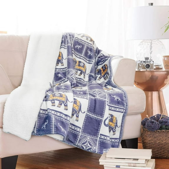 Elephant Blanket Sherpa Fleece Blue Plaid Elephant Throw Blankets Boho Bohemian Checkered Elephant Blanket for Couch Sofa Bed Elephant Gifts for Women Adults 50 * 60