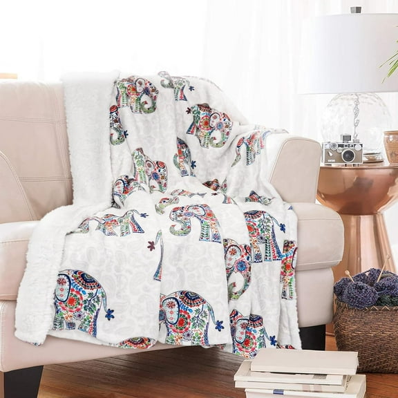 Elephant Blanket Sherpa Fleece Boho Bohemian Floral Elephant Throw Blankets Paisley Elephant Blanket for Couch Sofa Bed Elephant Gifts for Women Adults 60 * 80