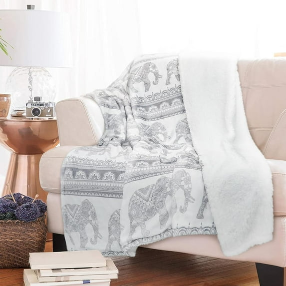 Elephant Blanket Sherpa Fleece Gray Mandala Floral Grey Elephant Throw Blankets Boho Bohemian Elephant Blanket for Couch Sofa Bed Elephant Gifts for Women Adults 30 * 40