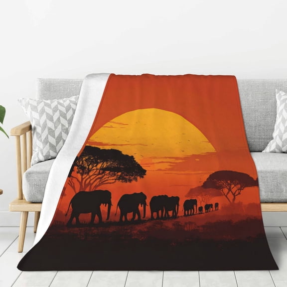 Elephant Blanket Sunset Safari Herd Trees Graphic, Lightweight Plush Flannel Throw, Artistic Orange Horizon Home Accent 50x40