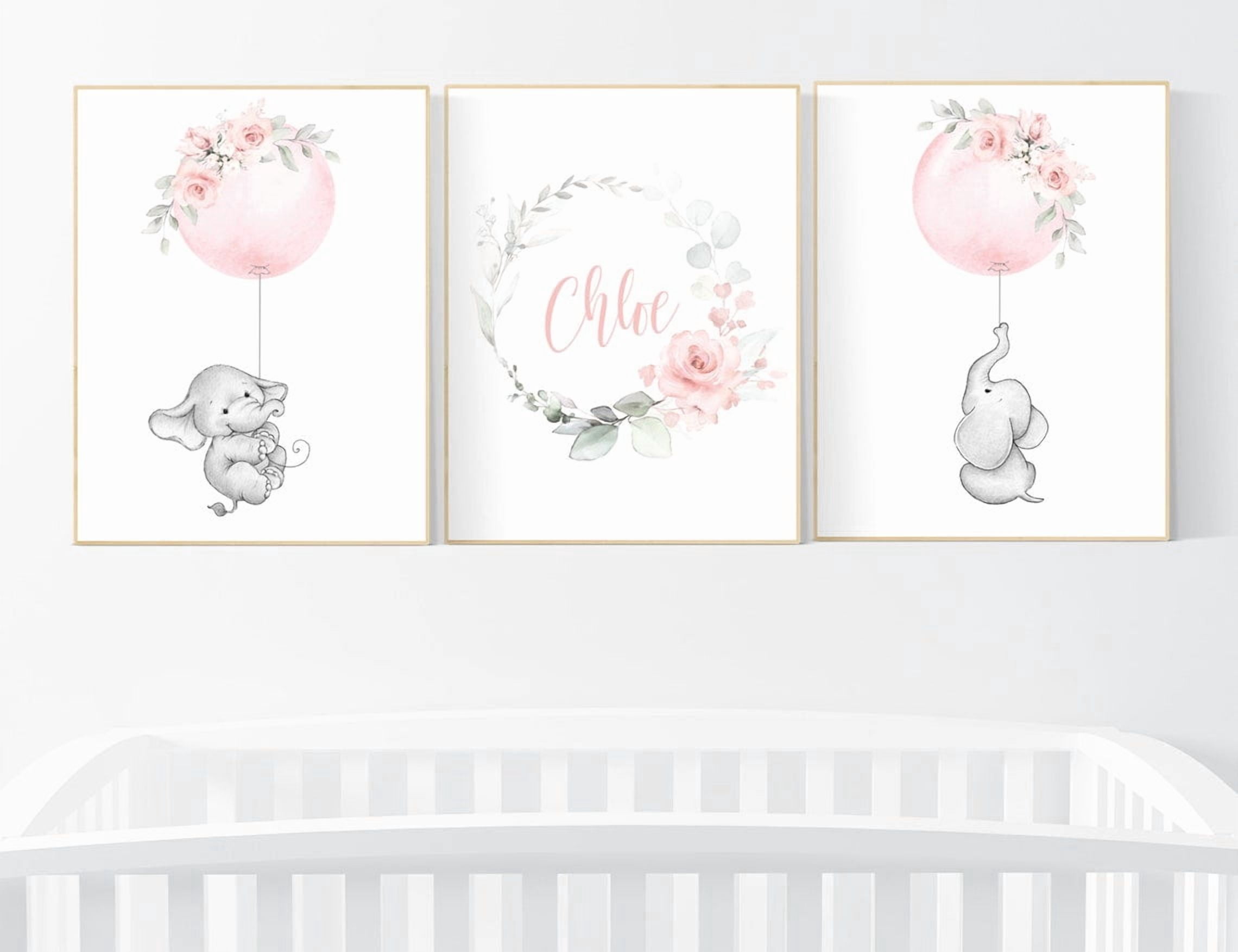 Elephant Blush Pink Floral Balloon Nursery Wall Art Print, Nursery And ...