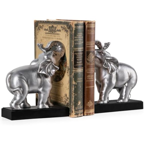 Elephant Book Ends Decorative, Bookends for Shelves, Book Ends for Heavy Books with Anti-Slip Pad for Book Lovers Heavy Book Holder for Home Office Decor (Silver)