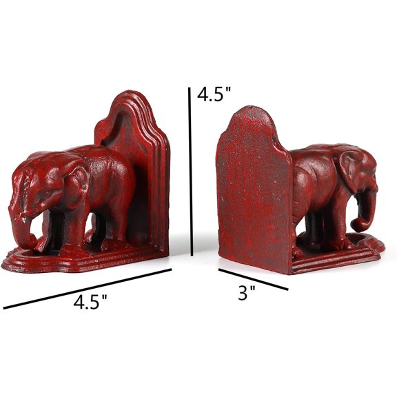 Elephant Bookends for Heavy Books - Solid Cast Iron Metal, Sturdy Book Holder for Shelves, Desk, Office & Home Library Decor, 4.5 Inch, Antique Red$$Home Decor, Kitchen, & Other